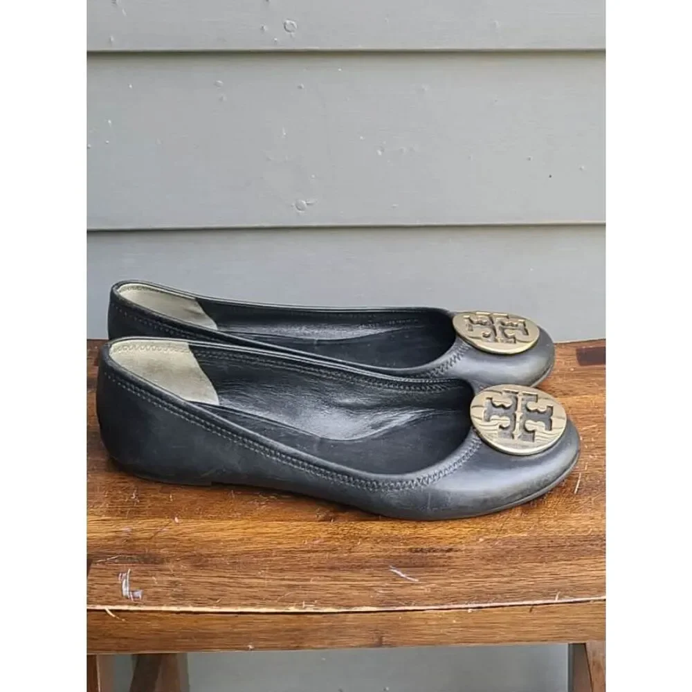 Tory Burch Black Reva Black Leather Ballet with Gold Logo size 9M